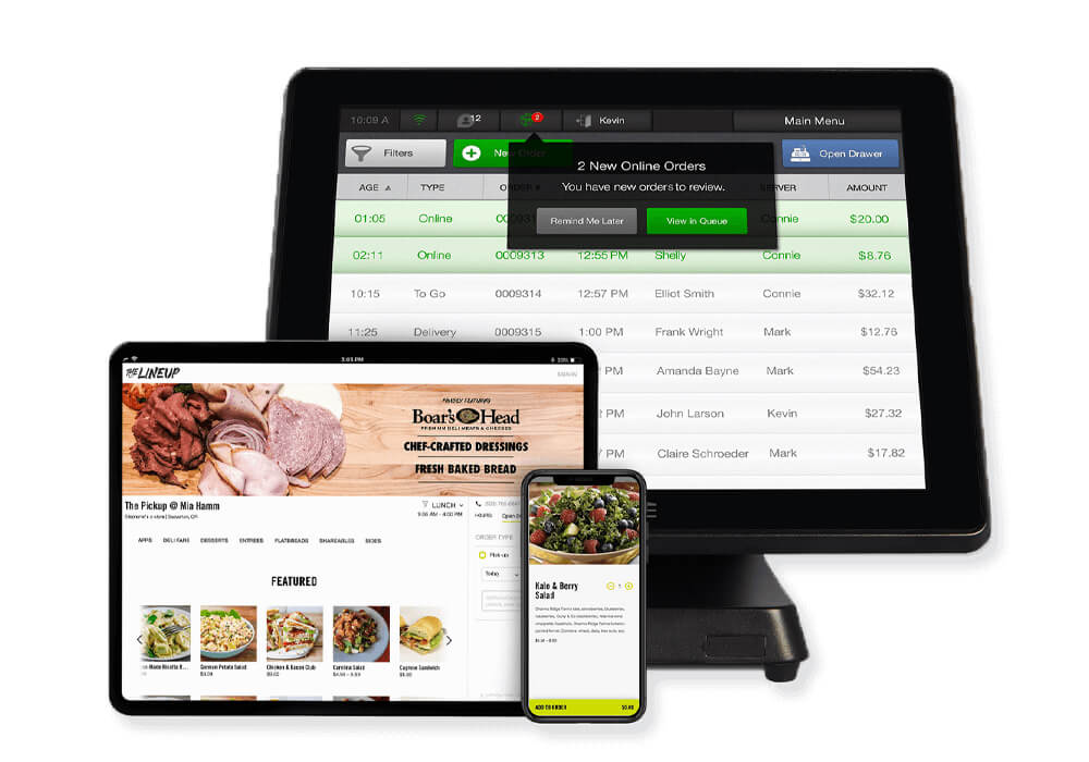 Mad Mobile All-In-One POS showing an Online Order coming in. Separate Tablet with Online Ordering Menu, and Smartphone with another Online Ordering Menu screen.