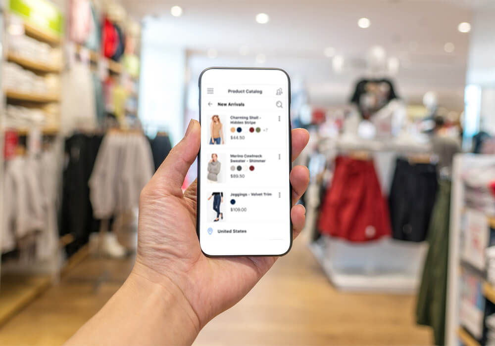 Shopper showing product catalog in-store on smartphone