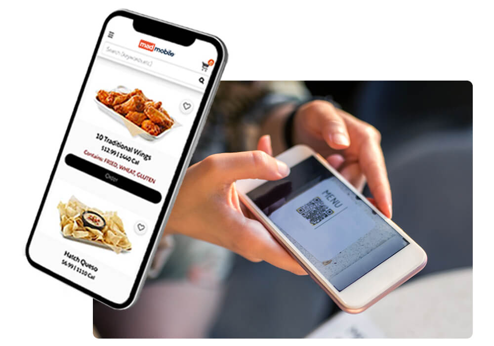 Tableside Ordering functionality that lets customers order at the table on their own mobile devices. Shows QR code menu functionality