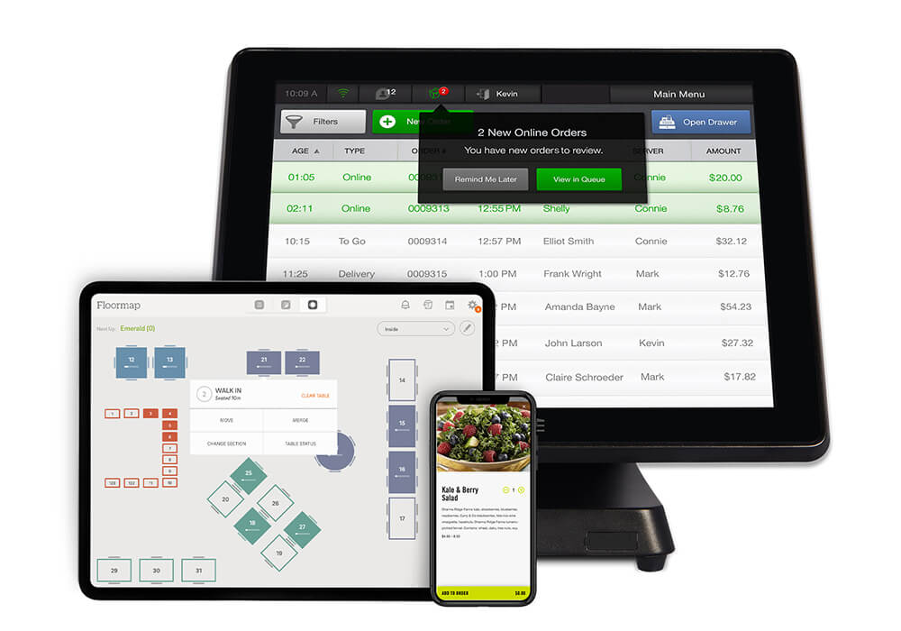 All-in-One POS order screen, Floormap view on ipad, and smartphone