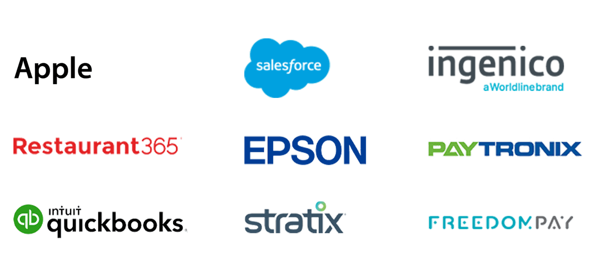 Mad Mobile's Partner Logos, Apple, Salesforce, Ingenico, Restaurant365, Epson, Paytronix, Quickbooks, Stratix, FreedomPay