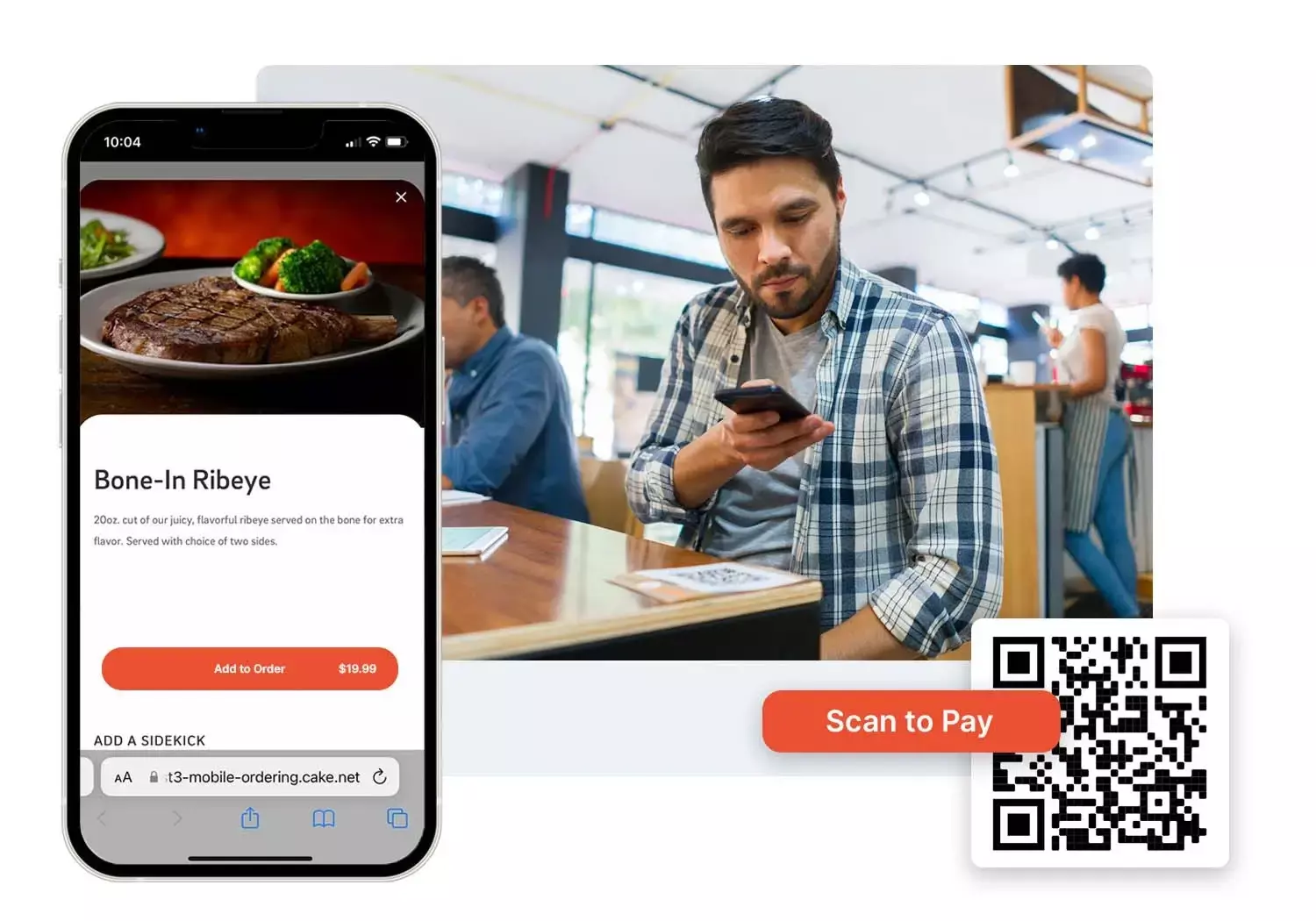 Customer scanning QR code, and digital menu showing on smartphone