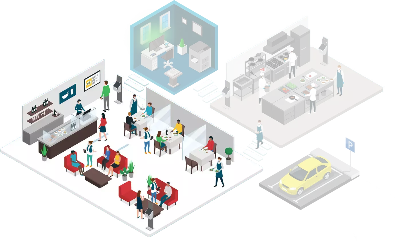 Isometric drawing of restaurant front of house and back office