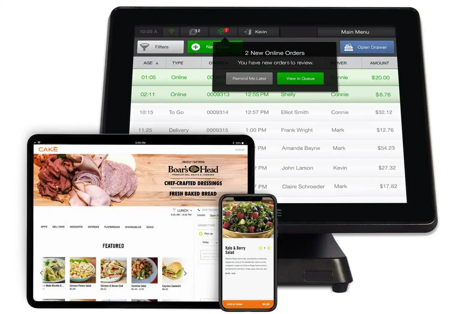 Mad Mobile's All-in-one CAKE Point of Sale showing Online ordering views on POS, Tablet, and Smartphone
