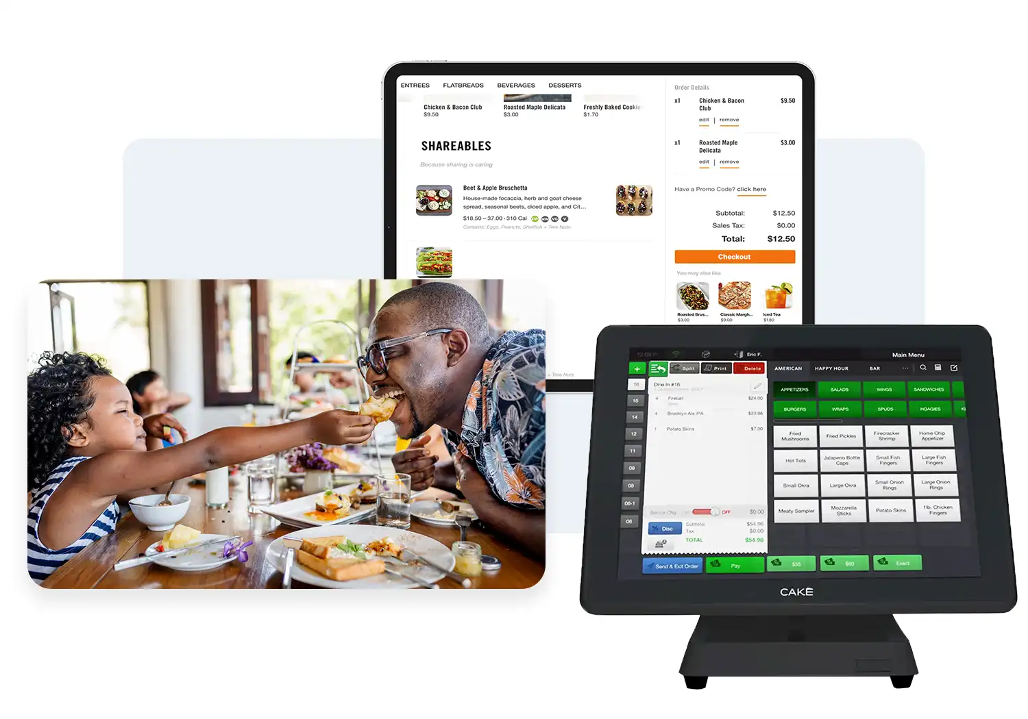 Mad Mobile's CAKE All-in-one Point of Sale, including online ordering checkout screen and lifestyle image of father and daughter eating at table