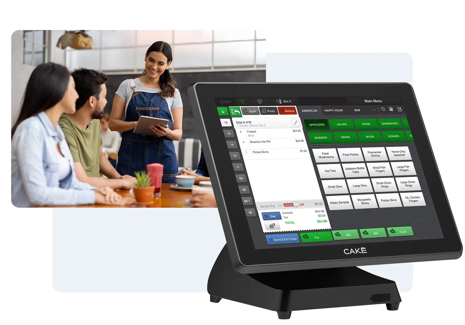 Mad Mobile's All-in-one CAKE Point of Sale, and server taking order tableside with handheld tablet
